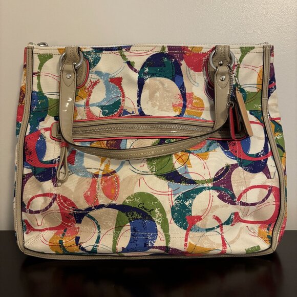 Coach Poppy Colorful Signature Canvas Hallie East/West Taupe Patent Leather Tote - Picture 5 of 14